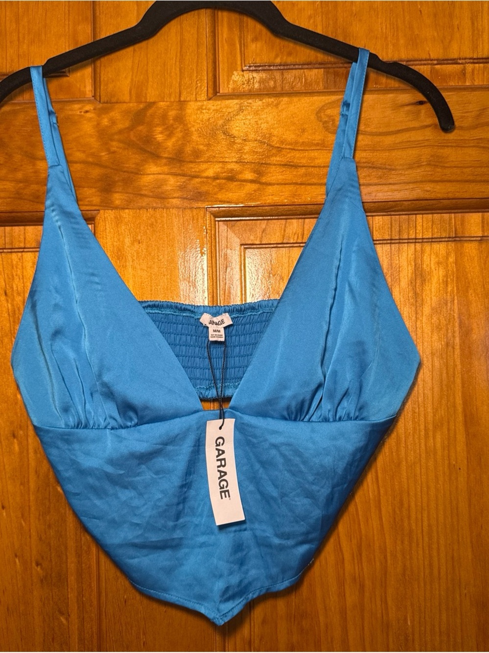 NWT Garage Bright Blue Satin V-Neck Crop Top